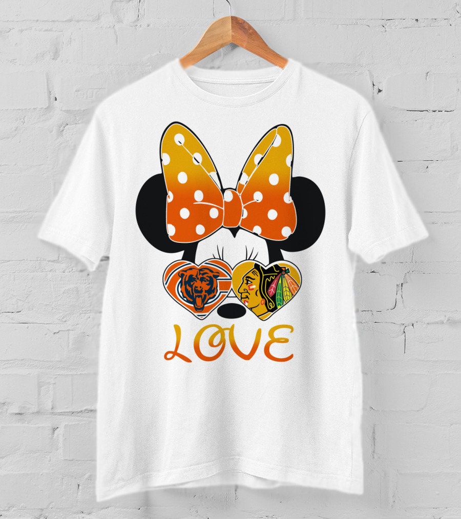 Minnie Mouse Love Chicago Bears Blackhawks Bow T-Shirt