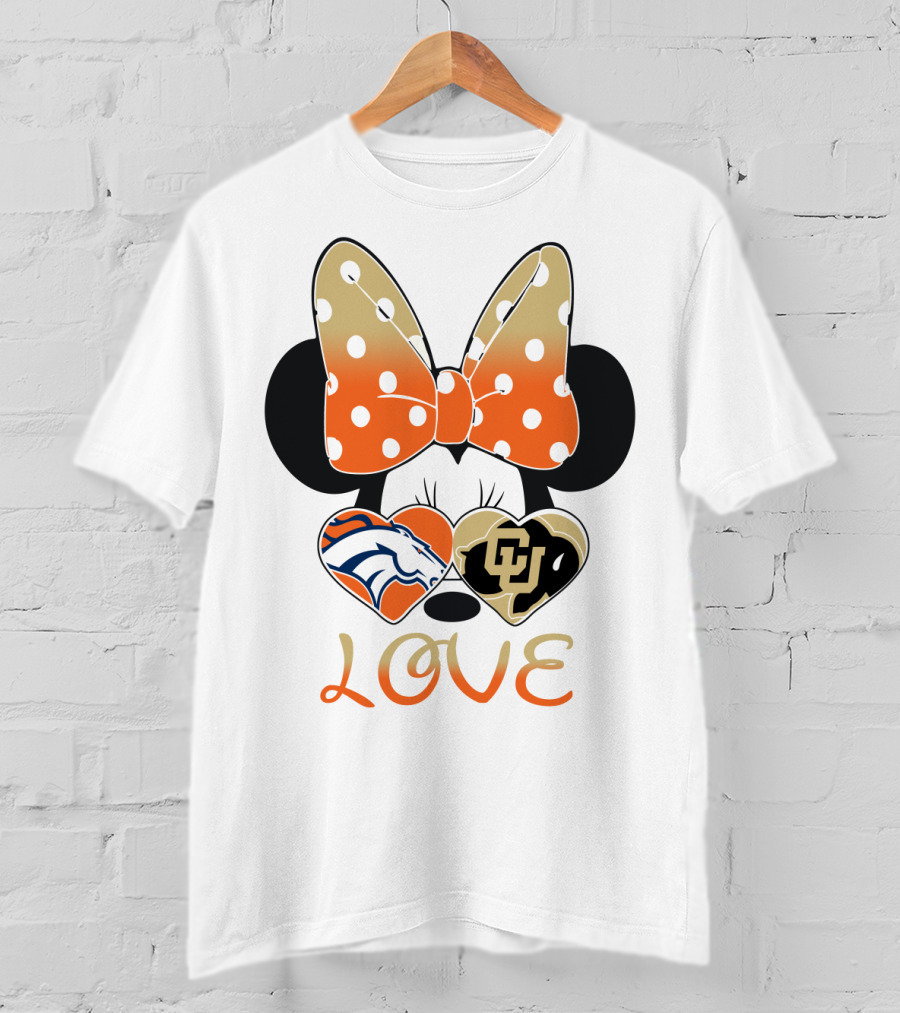 Love Minnie Mouse Orange Bow Denver Broncos University Of Colorado Buffaloes Hearts T-Shirt