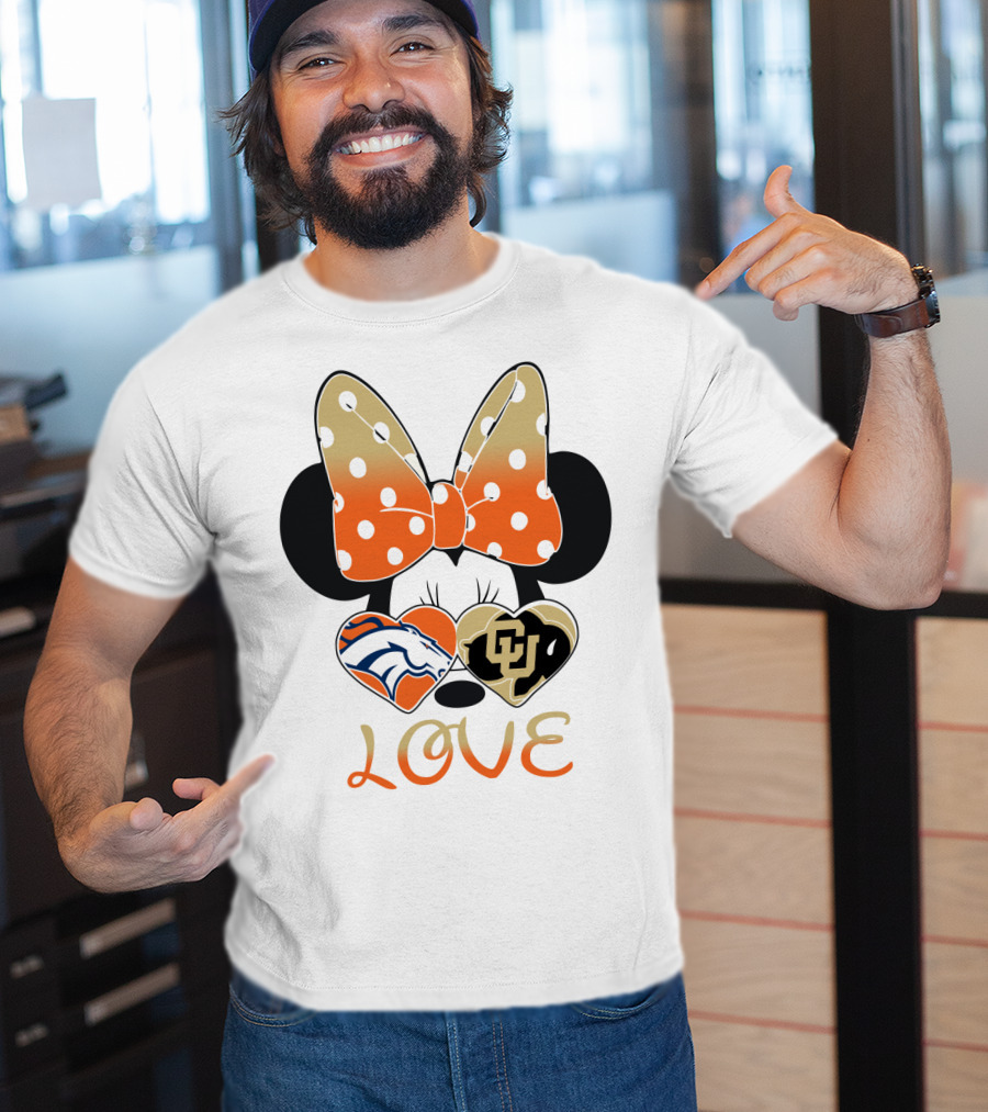 Love Minnie Mouse Orange Bow Denver Broncos University Of Colorado Buffaloes Hearts T-Shirt