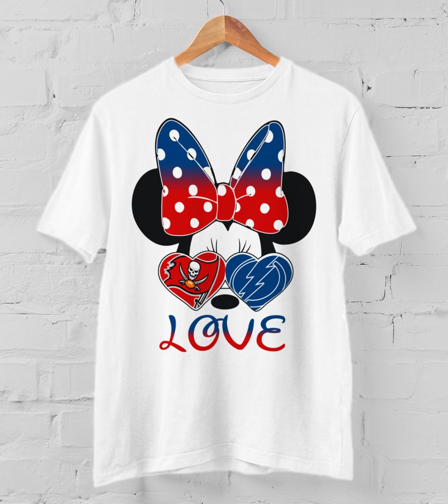 Love Minnie Bow Red And Blue Hearts With Buccaneers And Lightning Logos T-Shirt