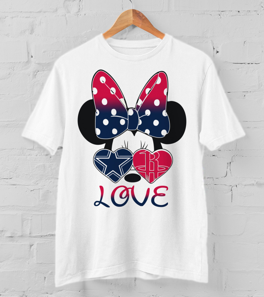 Love Minnie Bow Dallas Cowboys Houston Rockets Hearts T-Shirt