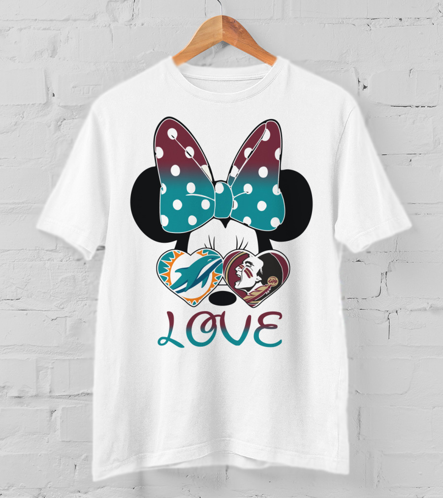 Love Minnie Bow Miami Dolphins Florida State Seminoles Hearts T-Shirt