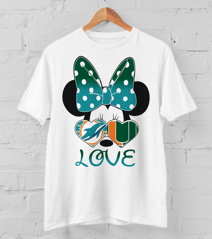 Miami Dolphins Hurricanes Love Minnie Mouse Polka Dot Bow T-Shirt