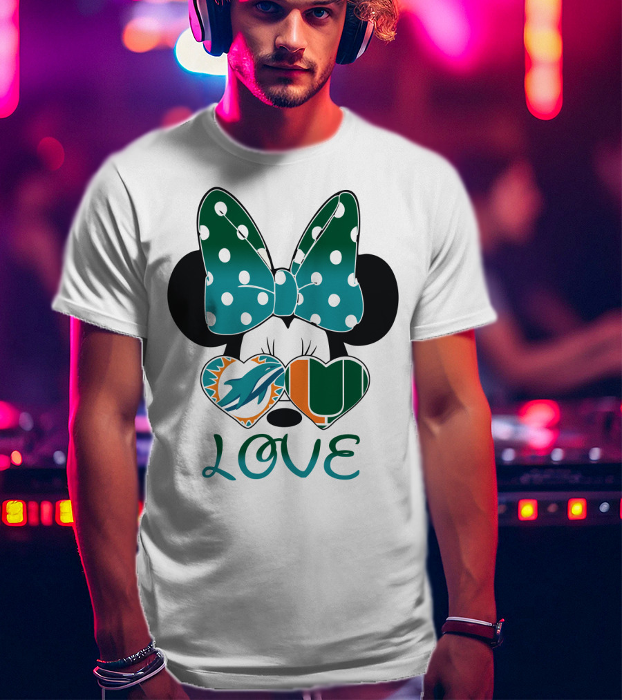 Miami Dolphins Hurricanes Love Minnie Mouse Polka Dot Bow T-Shirt