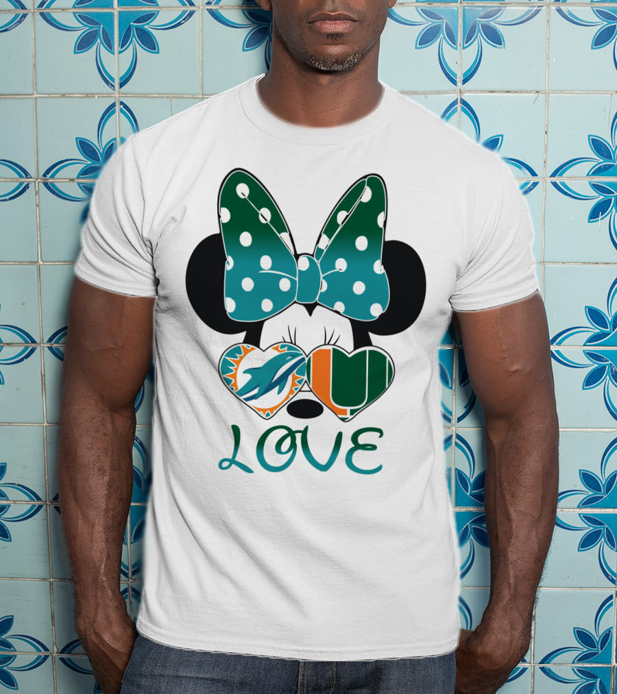 Miami Dolphins Hurricanes Love Minnie Mouse Polka Dot Bow T-Shirt