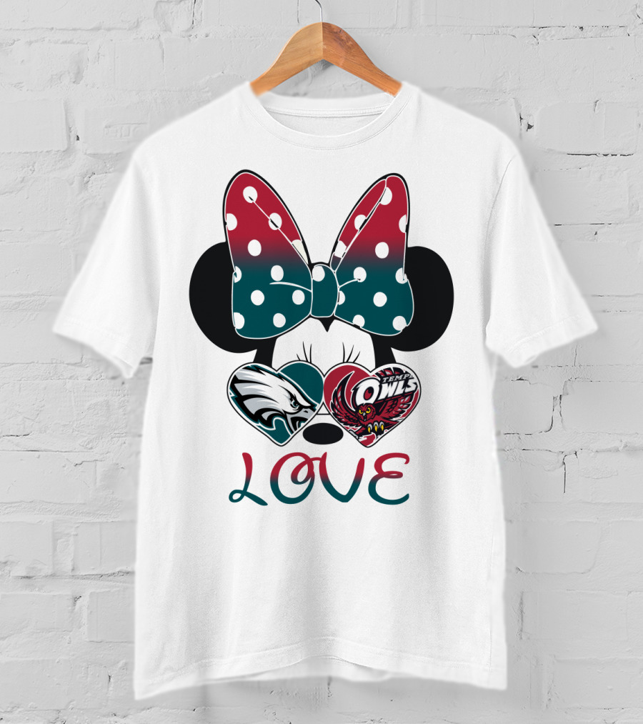 Minnie Mouse Bow Love Philadelphia Eagles Temple Owls Hearts T-Shirt