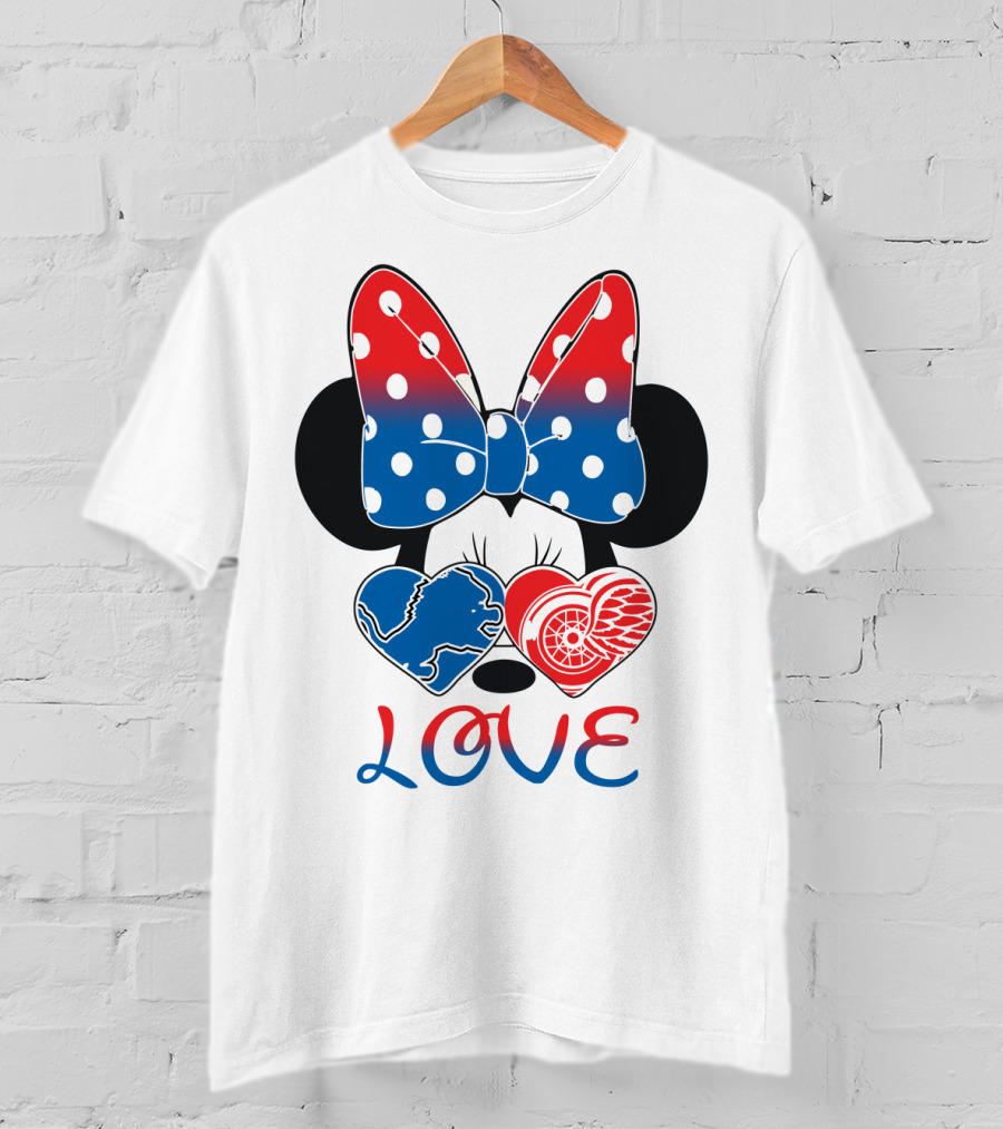 Love Minnie Mouse Detroit Lions Red Wings Bow Hearts T-Shirt