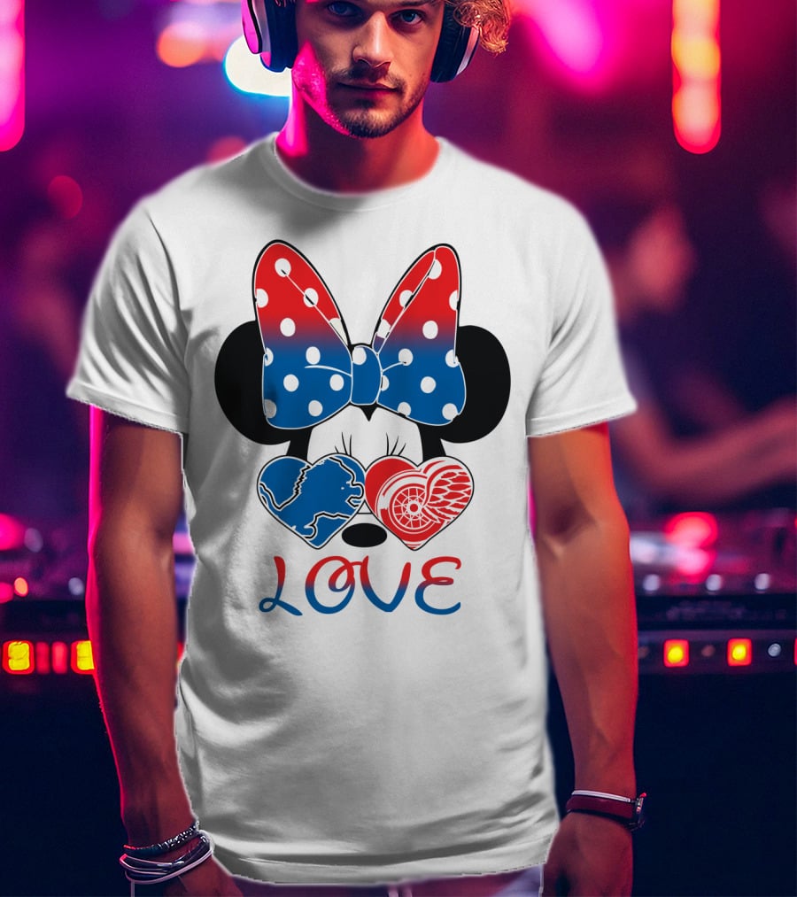 Love Minnie Mouse Detroit Lions Red Wings Bow Hearts T-Shirt