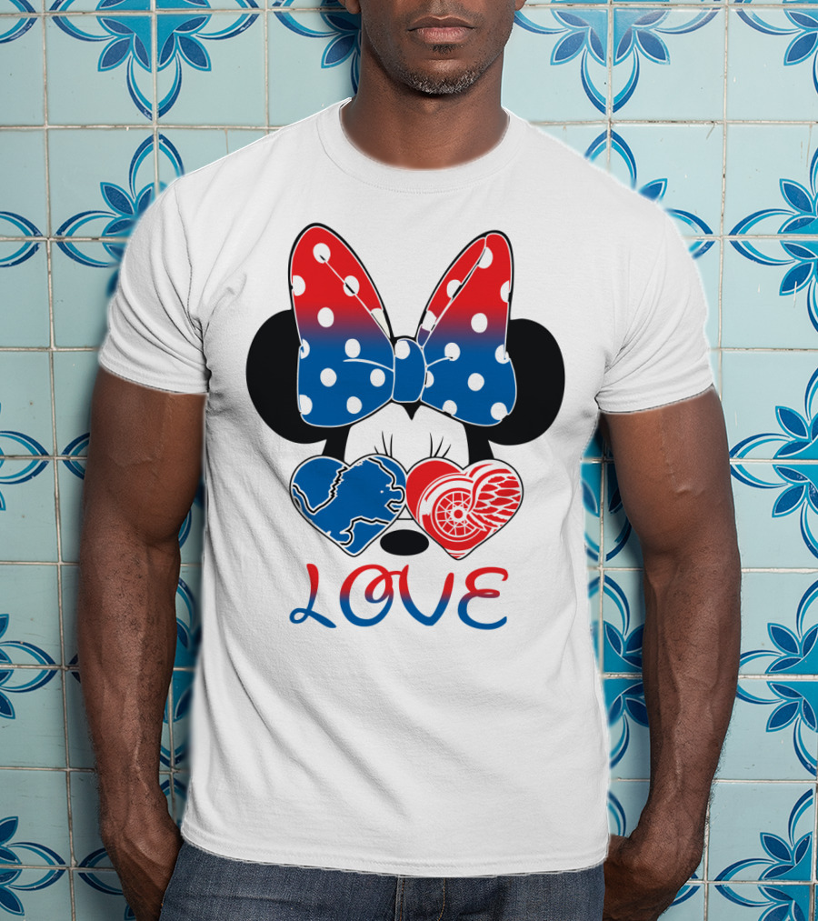 Love Minnie Mouse Detroit Lions Red Wings Bow Hearts T-Shirt