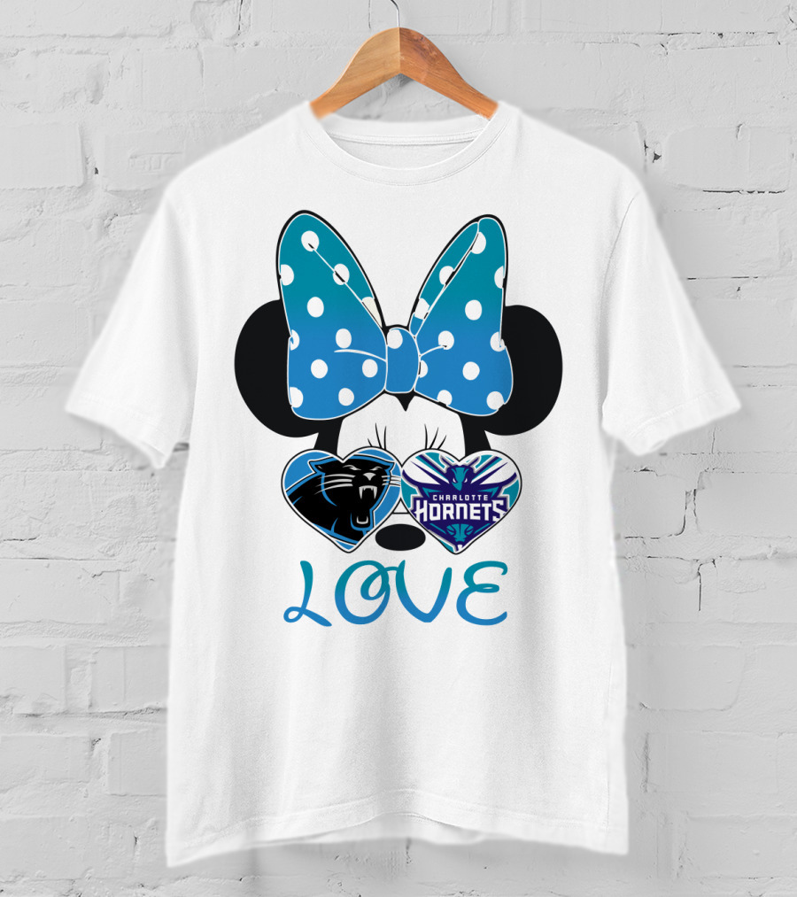 Minnie Mouse Love Carolina Panthers Charlotte Hornets Bow Hearts T-Shirt