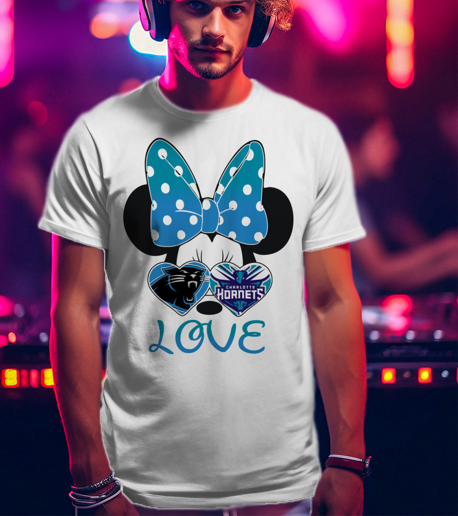 Minnie Mouse Love Carolina Panthers Charlotte Hornets Bow Hearts T-Shirt