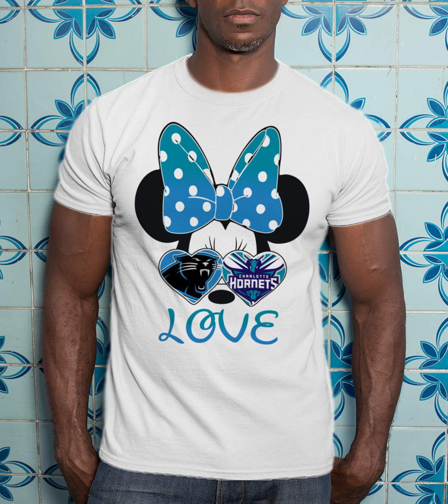 Minnie Mouse Love Carolina Panthers Charlotte Hornets Bow Hearts T-Shirt