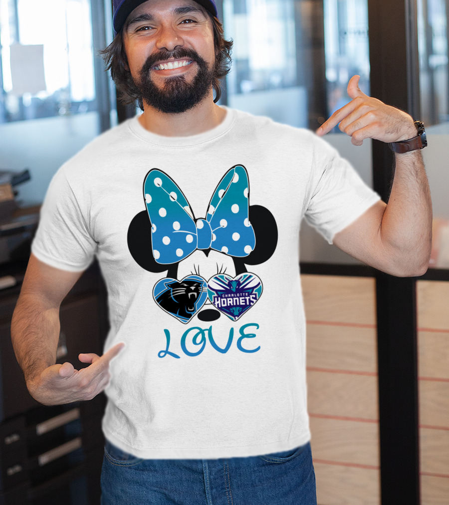Minnie Mouse Love Carolina Panthers Charlotte Hornets Bow Hearts T-Shirt