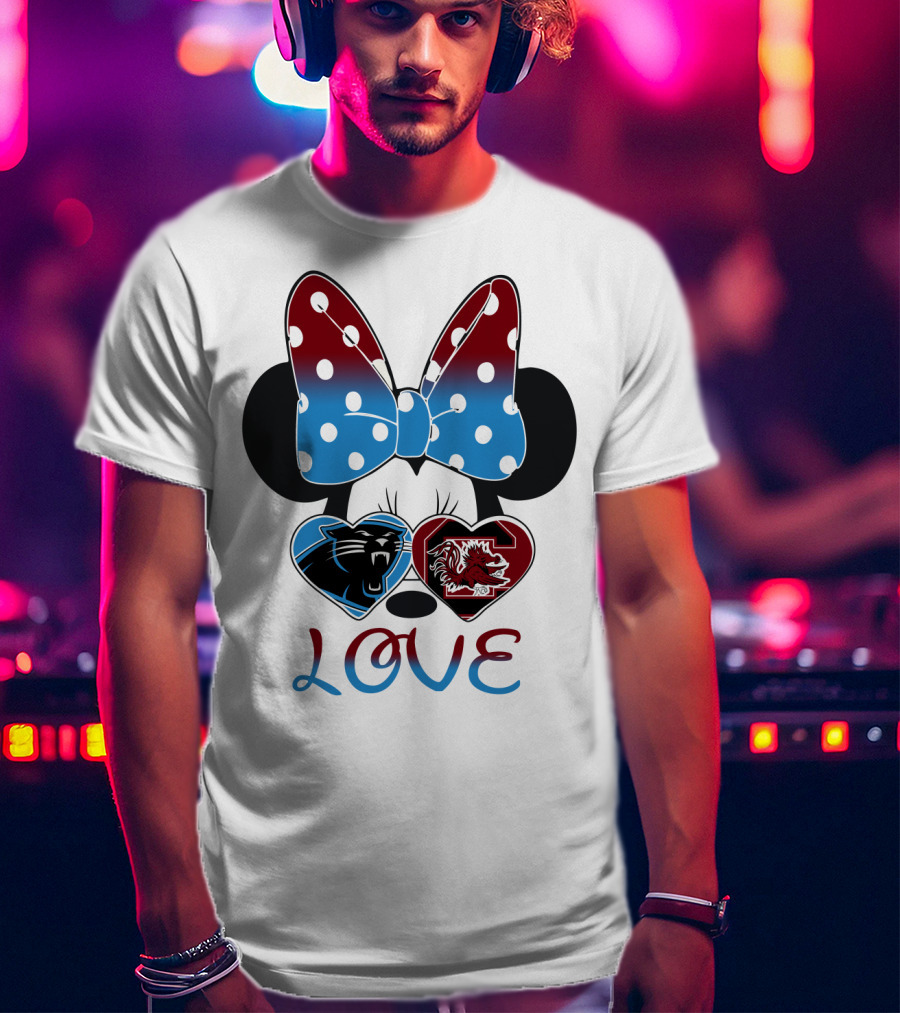 Love Carolina Panthers South Carolina Gamecocks Minnie Bow Hearts T-Shirt