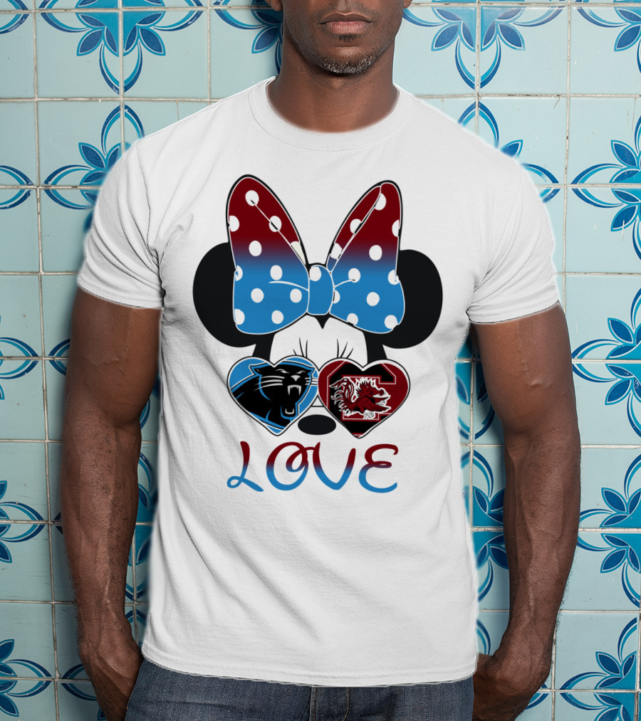 Love Carolina Panthers South Carolina Gamecocks Minnie Bow Hearts T-Shirt