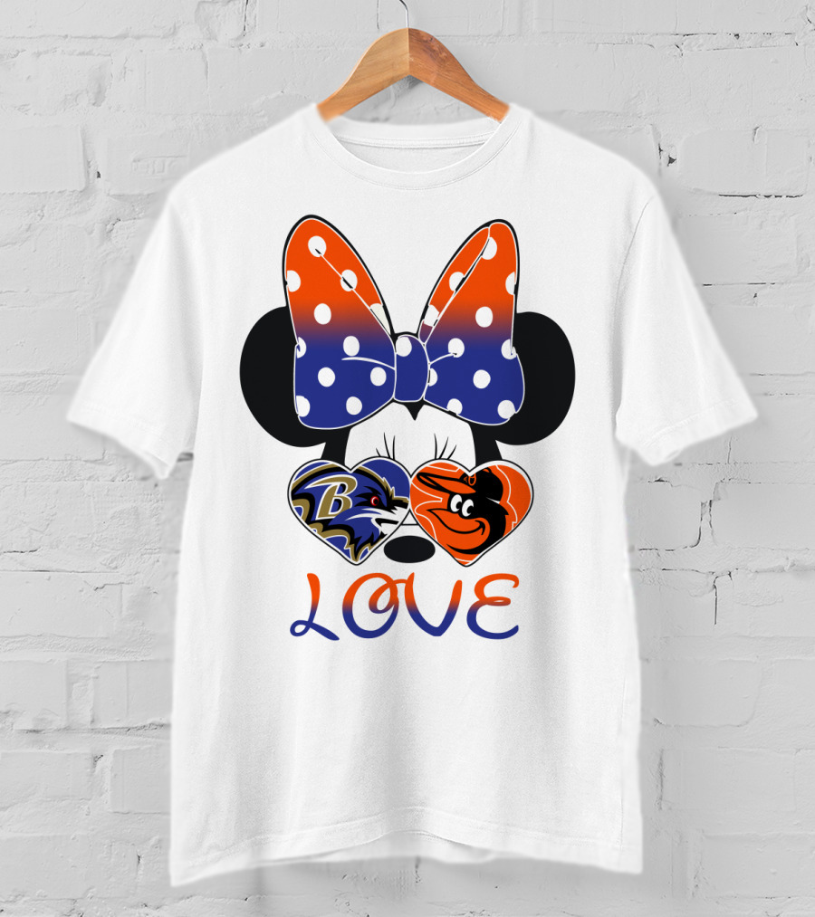 Love Baltimore Ravens Orioles Minnie Mouse Bow T-Shirt