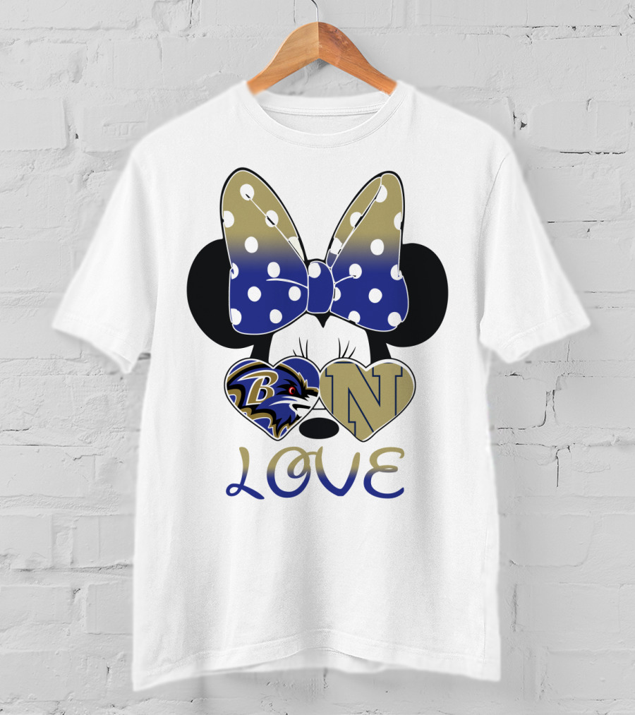 Minnie Mouse Love Baltimore Ravens Navy Logo Hearts Bow T-Shirt