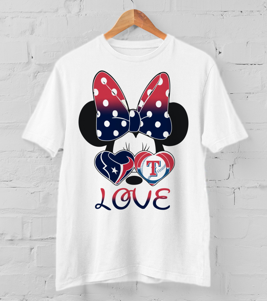 Minnie Bow Love Texans Rangers Hearts T-Shirt
