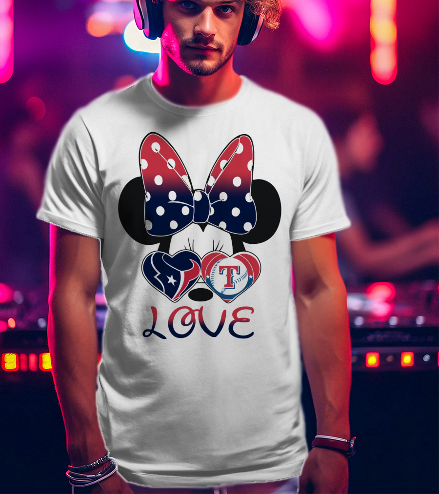 Minnie Bow Love Texans Rangers Hearts T-Shirt