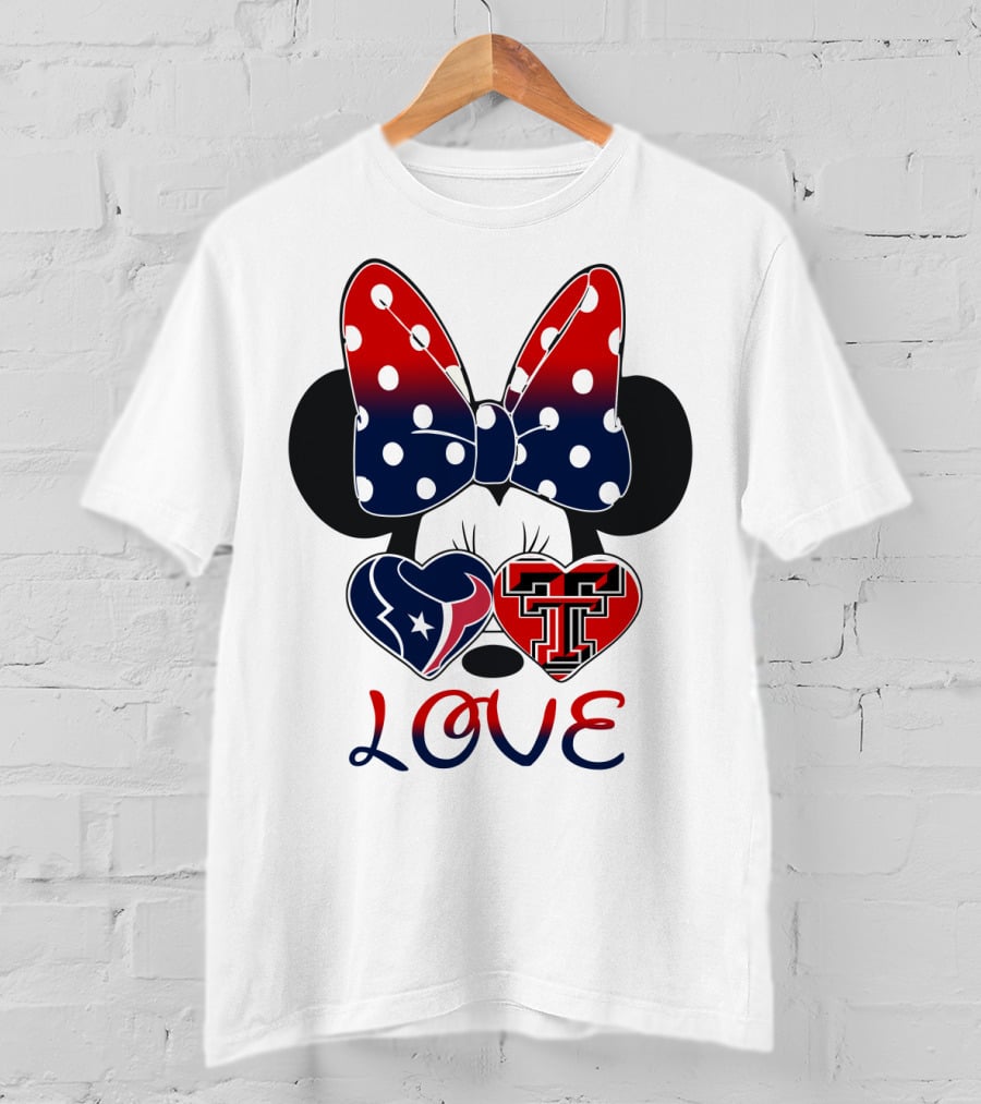 Minnie Mouse Love Texans And Texas Tech Hearts Bow T-Shirt
