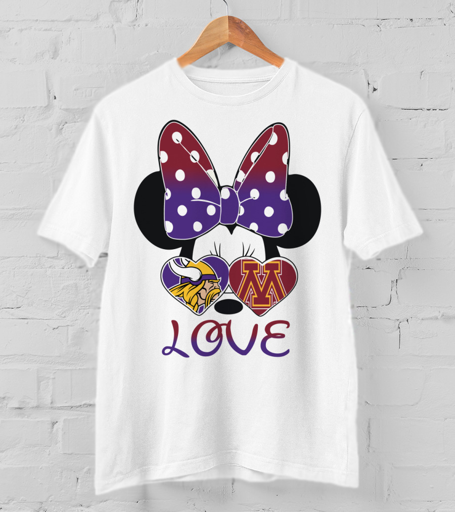 Minnie Mouse Bow Love Vikings Minnesota U Logo Hearts T-Shirt