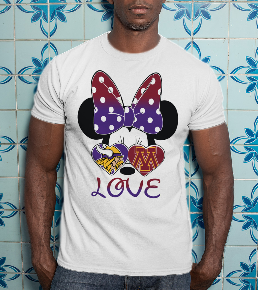 Minnie Mouse Bow Love Vikings Minnesota U Logo Hearts T-Shirt