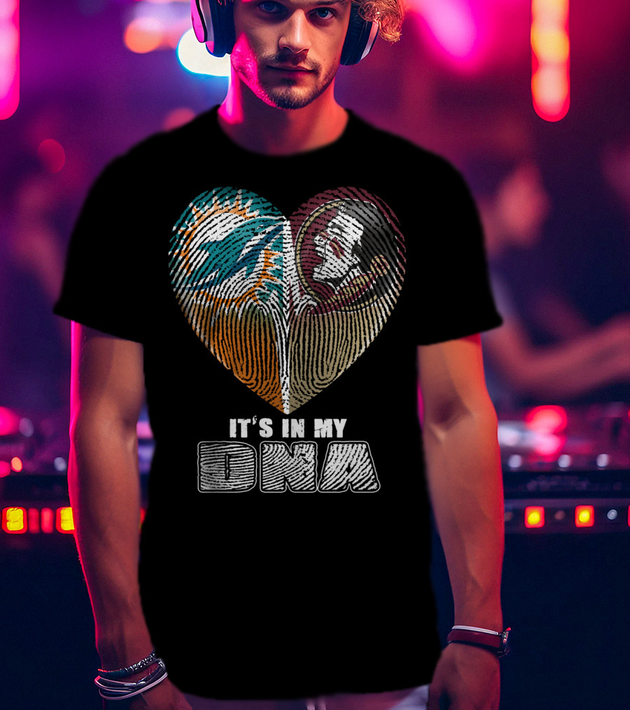 It's In My Dna Miami Dolphins Florida State Seminoles Heart Fingerprint T-Shirt