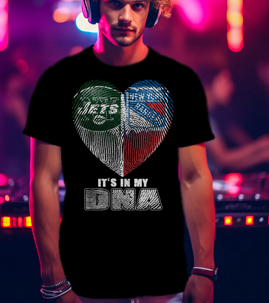 New York Jets And Rangers It's In My Dna Heart Fingerprint T-Shirt