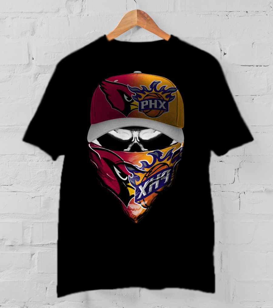 Phx Cardinals Suns Crossover Flame Skull Headwear T-Shirt