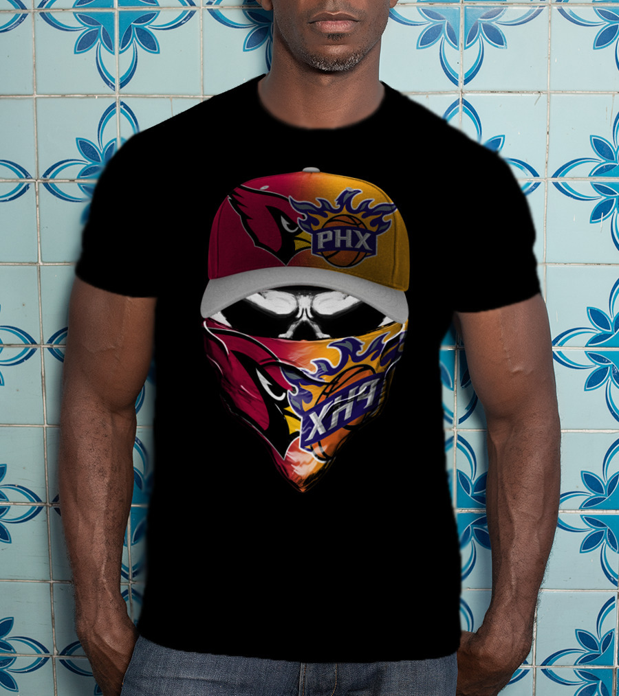 Phx Cardinals Suns Crossover Flame Skull Headwear T-Shirt