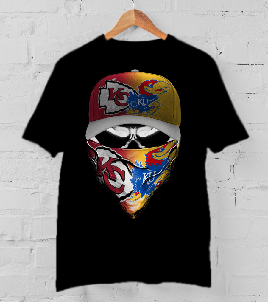 Kansas City Chiefs And Kansas Jayhawks Skull Bandana Hat Fusion T-Shirt