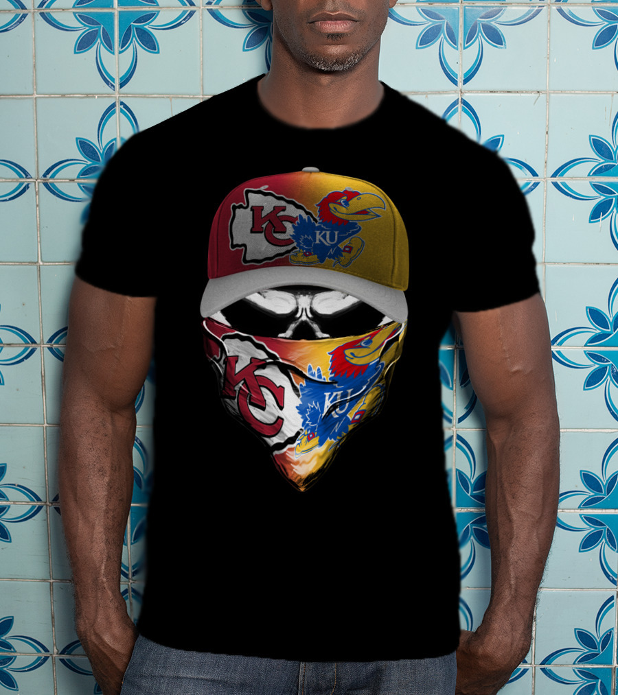 Kansas City Chiefs And Kansas Jayhawks Skull Bandana Hat Fusion T-Shirt