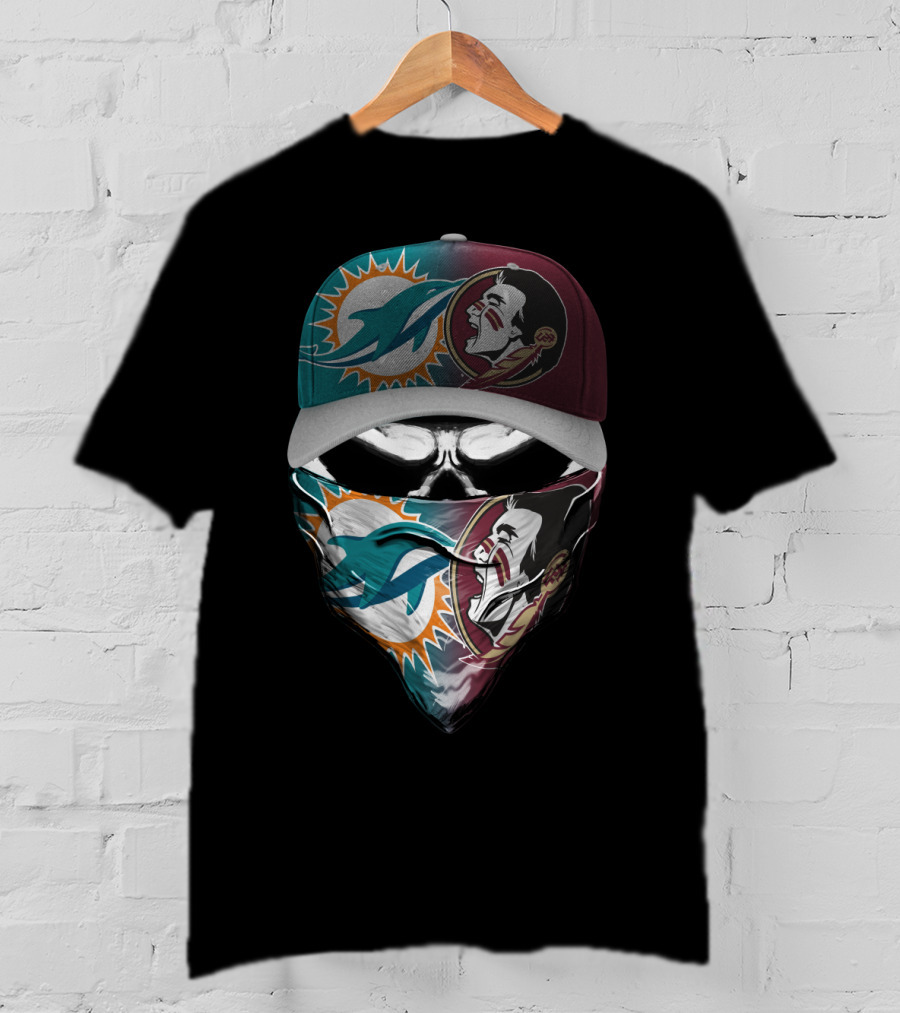 Miami Dolphins Florida State Seminoles Skull Headwear T-Shirt