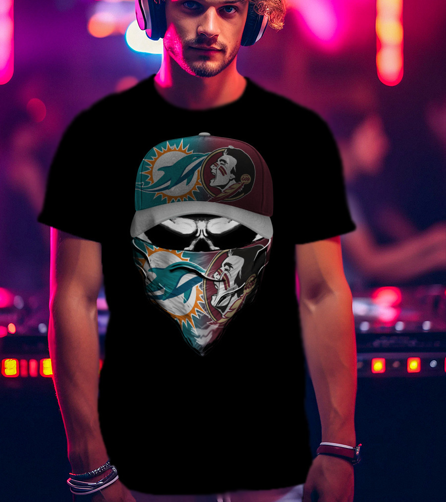 Miami Dolphins Florida State Seminoles Skull Headwear T-Shirt