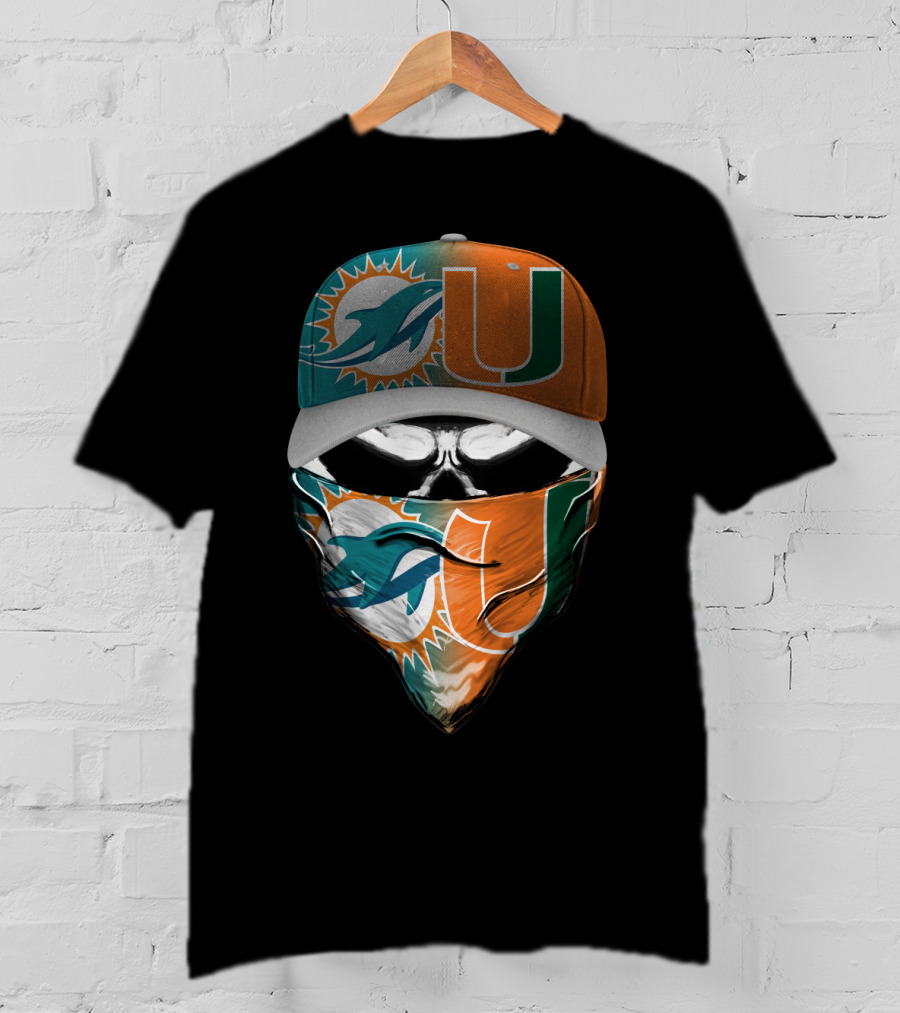 Miami Dolphins And University Of Miami Logo Face Mask And Cap Design Skull Style T-Shirt