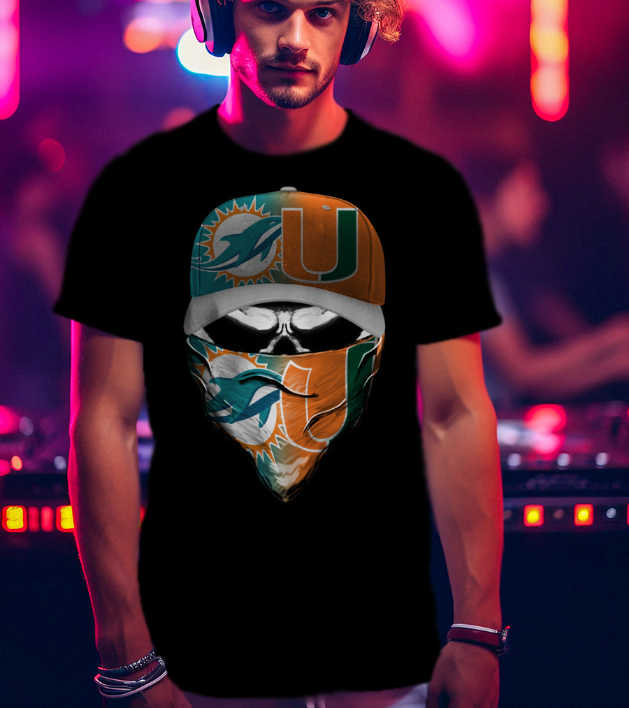 Miami Dolphins And University Of Miami Logo Face Mask And Cap Design Skull Style T-Shirt