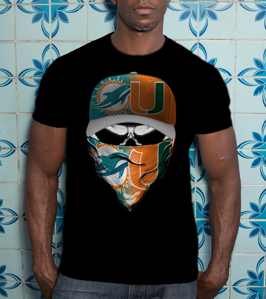 Miami Dolphins And University Of Miami Logo Face Mask And Cap Design Skull Style T-Shirt