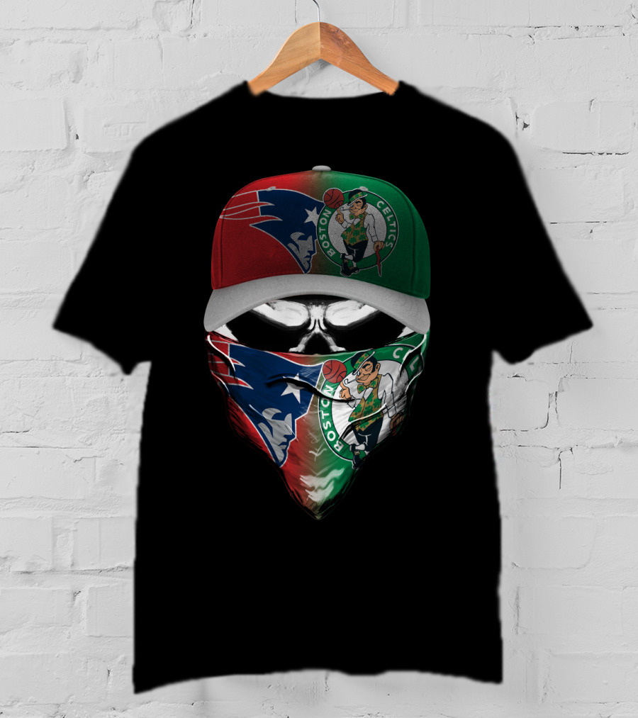 Boston Celtics New England Patriots Skull Mask Hat Combo T-Shirt
