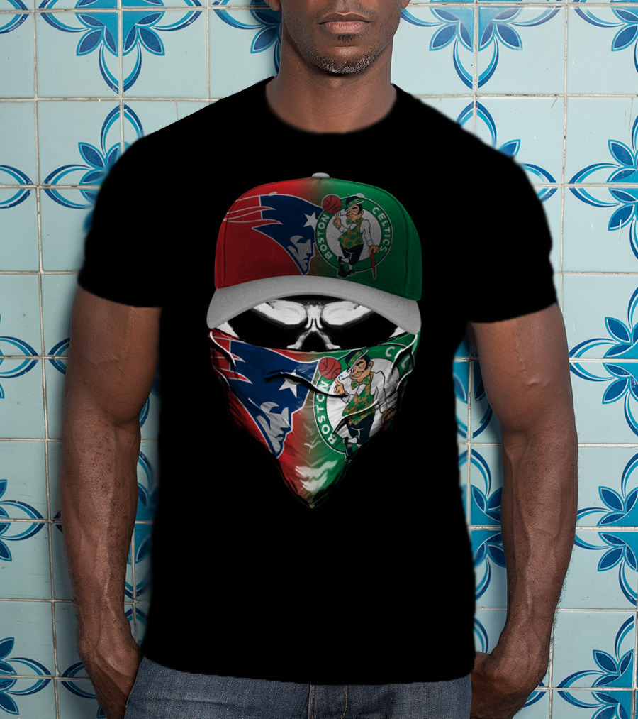 Boston Celtics New England Patriots Skull Mask Hat Combo T-Shirt