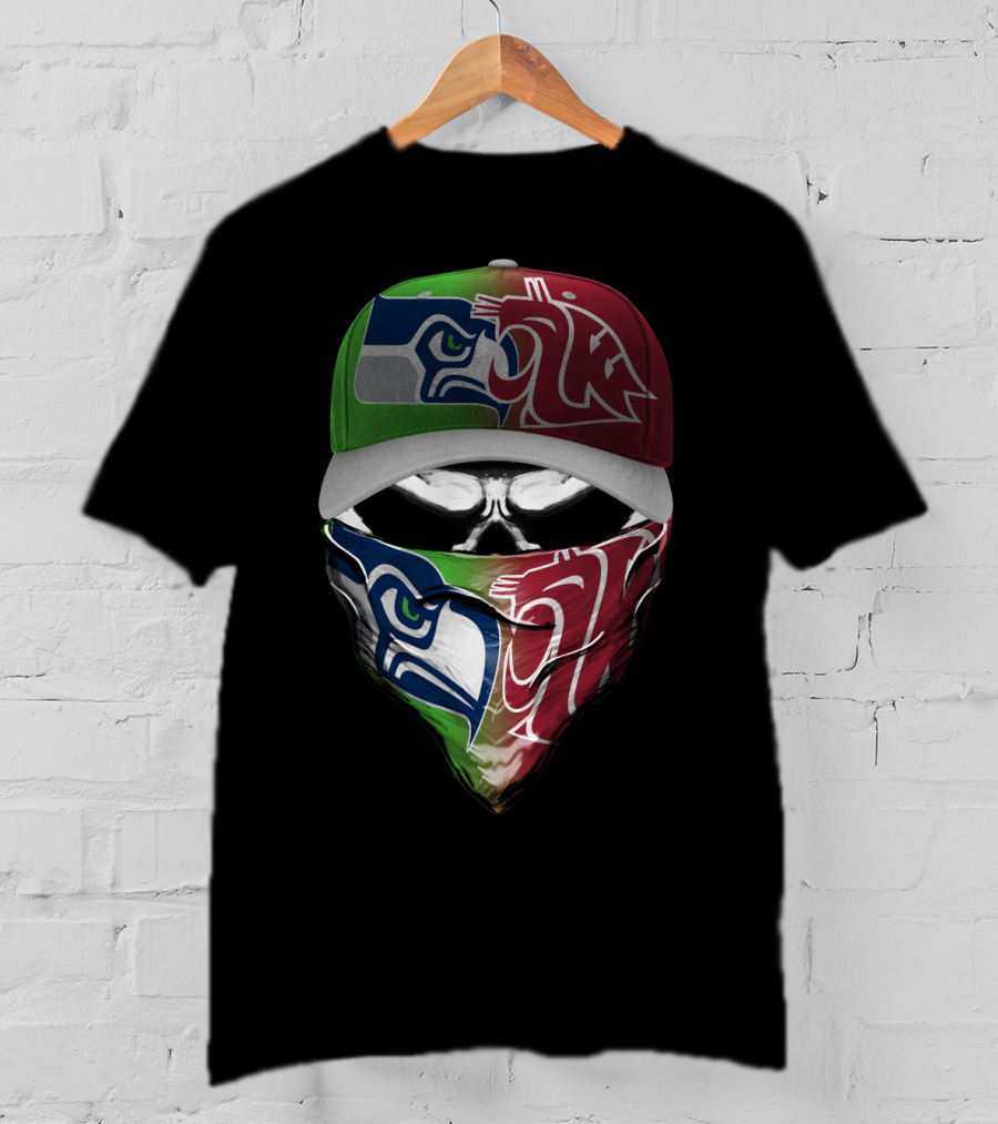 Seattle Seahawks Washington State Cougars Split Mask Hat T-Shirt