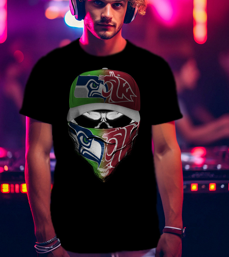 Seattle Seahawks Washington State Cougars Split Mask Hat T-Shirt