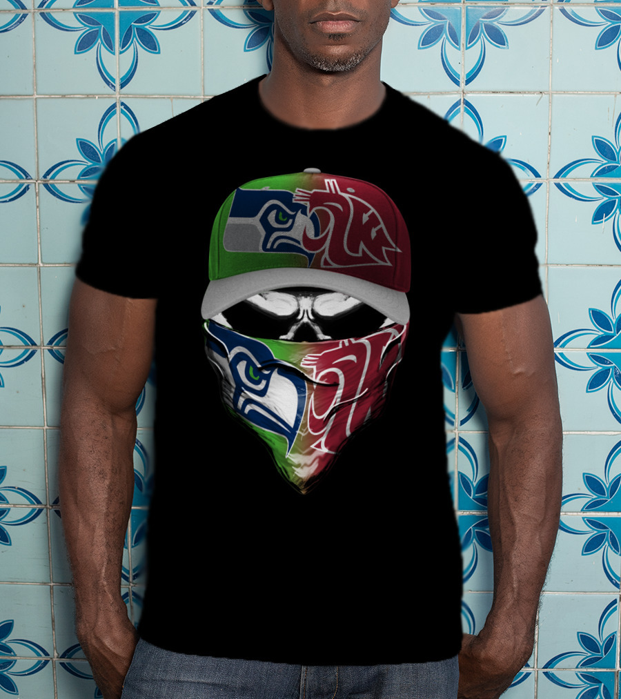 Seattle Seahawks Washington State Cougars Split Mask Hat T-Shirt