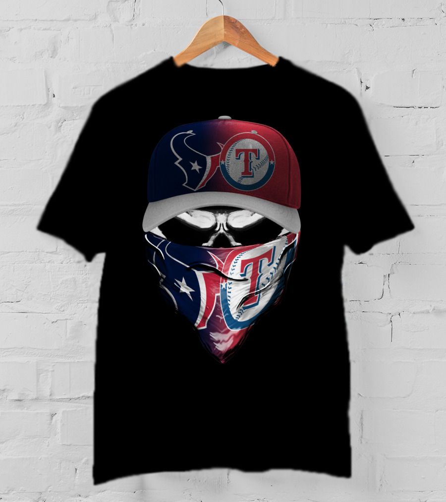 Houston Texans And Texas Rangers Skull Bandana Hat Dual Theme T-Shirt