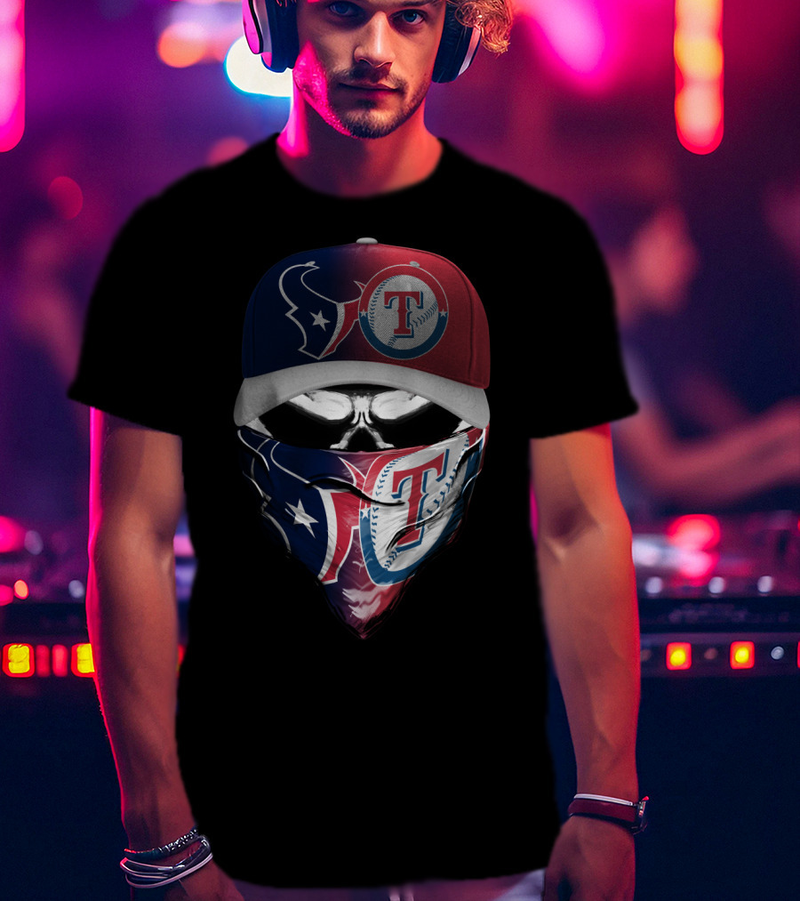 Houston Texans And Texas Rangers Skull Bandana Hat Dual Theme T-Shirt