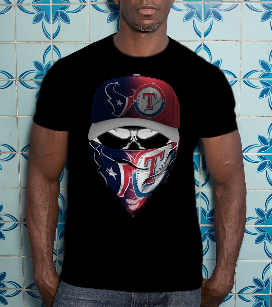 Houston Texans And Texas Rangers Skull Bandana Hat Dual Theme T-Shirt