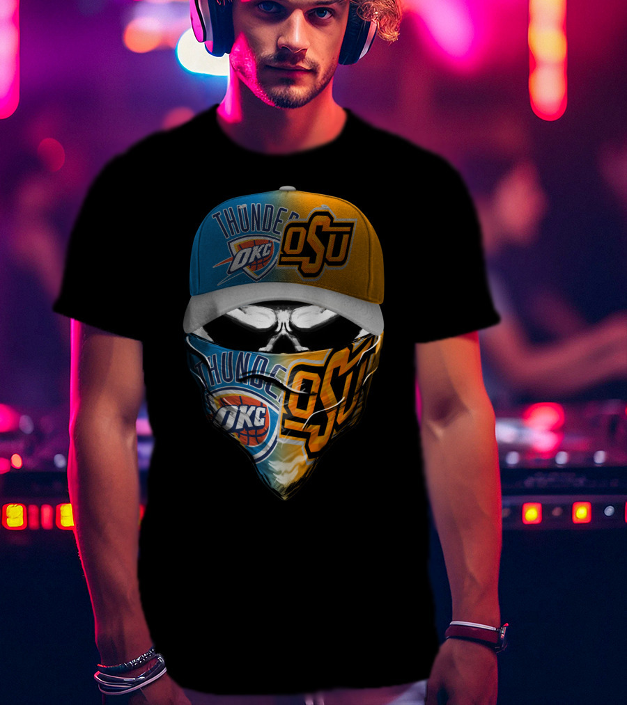 Okc Thunder Osu Split Face Skull Bandana Hat T-Shirt