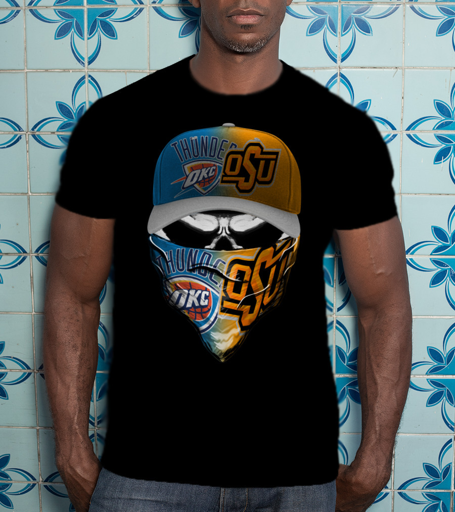 Okc Thunder Osu Split Face Skull Bandana Hat T-Shirt