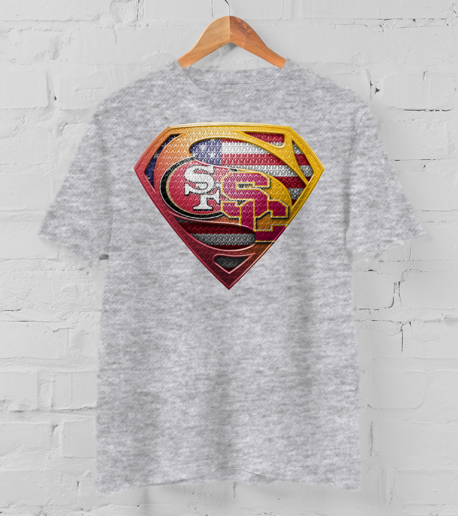 Superman Shield With San Francisco And Usc Logos Merged Over American Flag T-Shirt