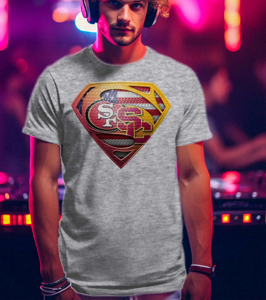Superman Shield With San Francisco And Usc Logos Merged Over American Flag T-Shirt