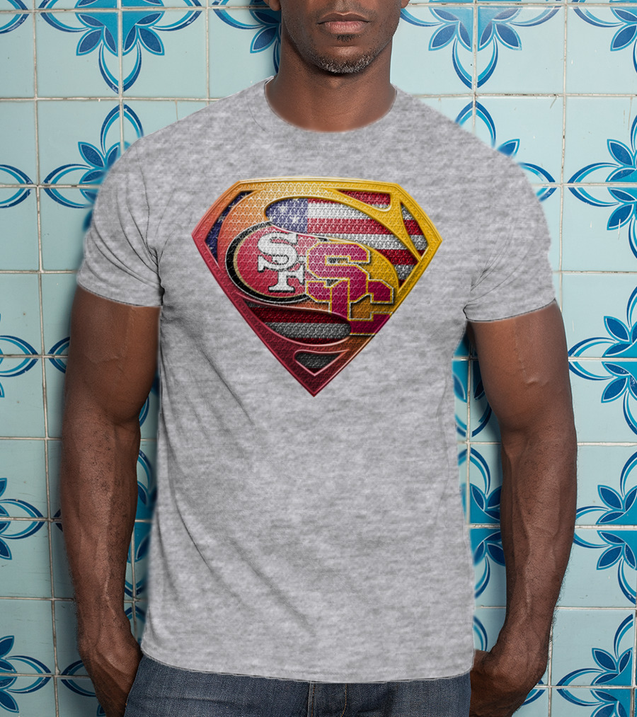 Superman Shield With San Francisco And Usc Logos Merged Over American Flag T-Shirt